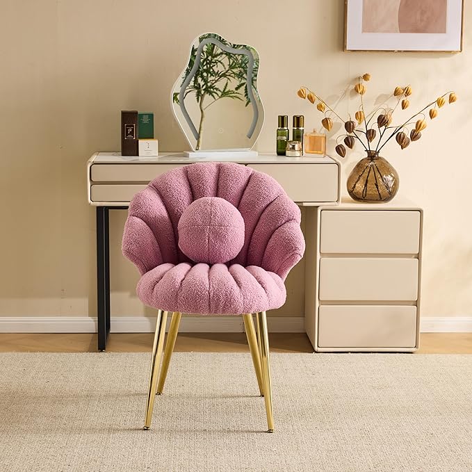 Vingli Shell-Shaped Teddy Fleece Accent Vanity Chair With BackComfy Purple and Gold Desk Chair No WheelsCute Small Pearl Deco PillowGift for Girls/Womenfor MakeupOfficeDiningNailSewingbedroom