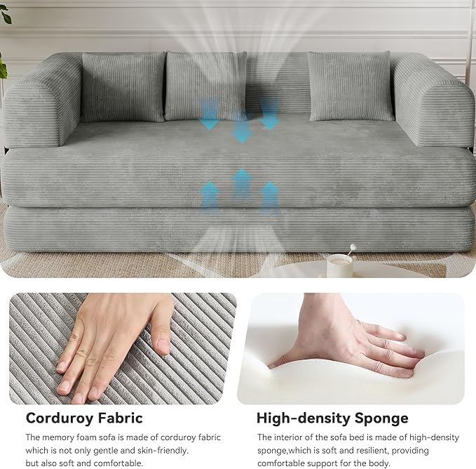 WENTMENT 80‘’Convertible Floor Sofa Bed for Living Room Boneless Couch with Deep Seat Corduroy Pull Out Sofa Bed with 3 Pillows Bedroom Apartment No AssemblyGrey