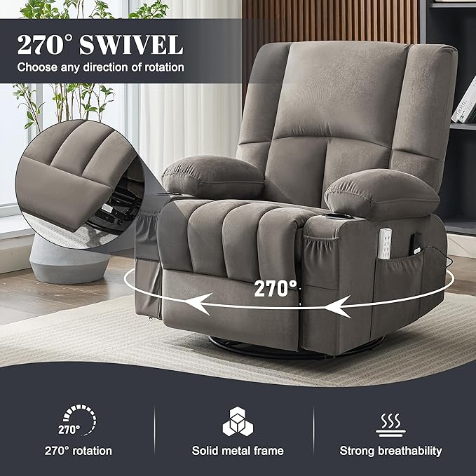 Oversized Recliner Chairs for Adults 270° Swivel Rocker Recliner with Heat and Massage Lazy Boy ReclinerRecliner Chairs Single Sofa Seat with Cup Holders (BlackGrey)