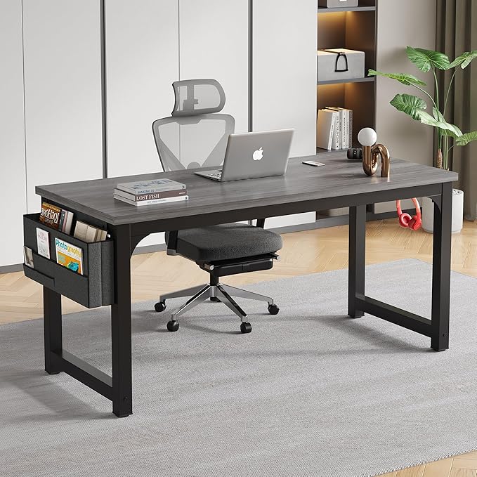 Large Computer Desk - 63 Inch Home Office Desks Study Student Writing Table Gaming Desk Wood Modern Simple Table with Storage Bag &amp Headphone Hooks Grey
