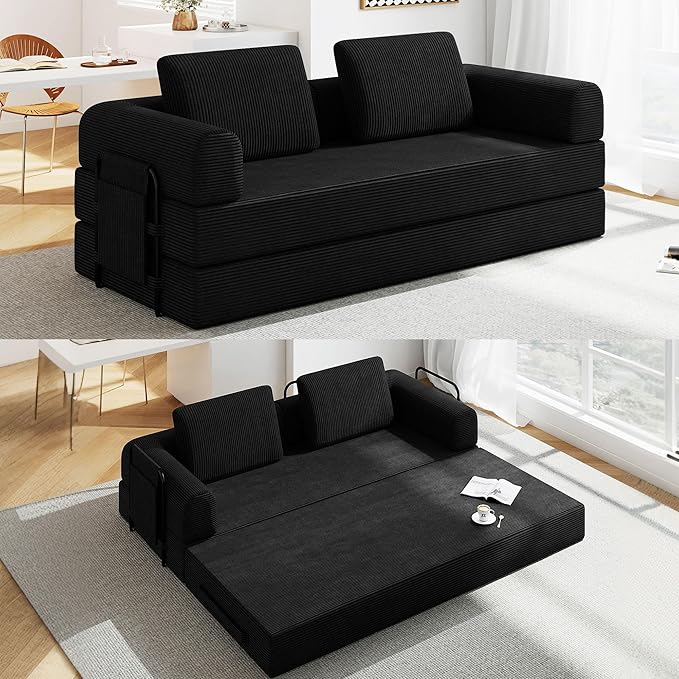 Convertible Sofa Bed 5-in-1 Pull-Out Futon Boneless Couch for Living Room &amp Guest Room Corduroy Sleeper Sofa with Steel Support Brackets 78.7 3-Seater with 2 Pillows (Black)