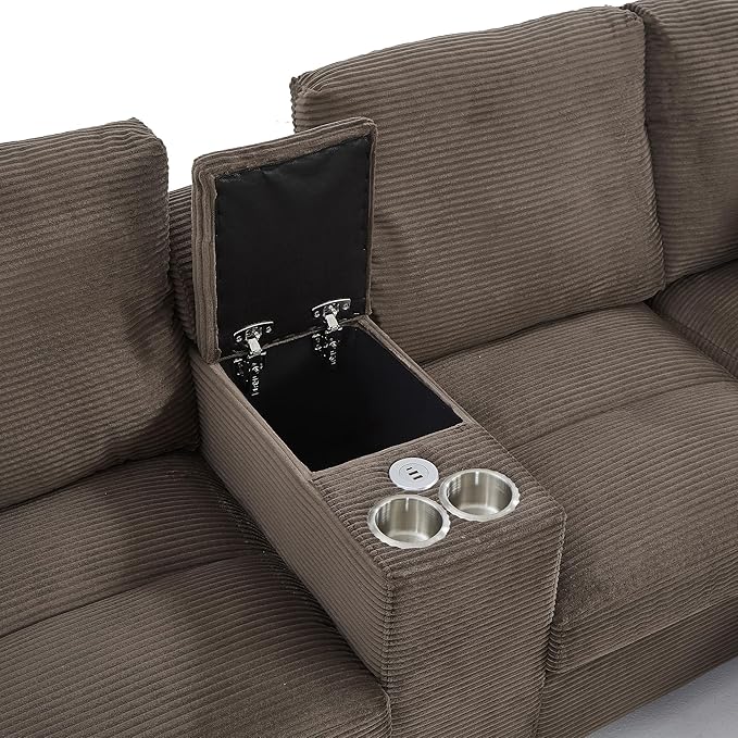 Modern U-Shaped Sofa 116.9 Sectional Sofa Corduroy Upholstered Sofa Couch with Storage Ottomans Cup Holders and USB Ports for Living Room (Brown-X70)