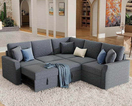 Jocisland Sofa Bed 85 Inch Sleeper Sofa with Pull Out Bed &amp Storage Seat Oversized L Shape Sectional Sofa for Living Room Apartment Grey Linen Reversible Couch