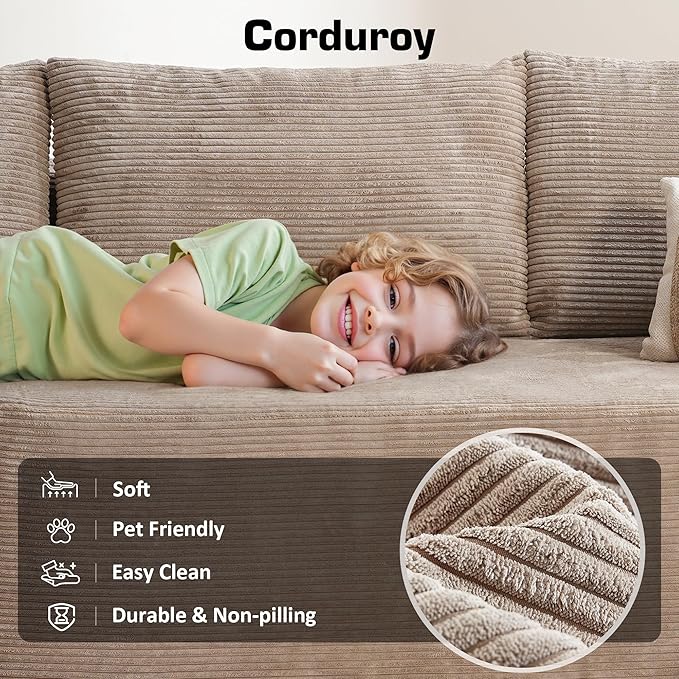 106 Cloud Sectional Couch with Chaise Lounge Deep Seat L Shaped Modern Modular Sleeper Sofa No Assembly Required Boneless Couches for Living Room (RightStripe CorduroyCamel)