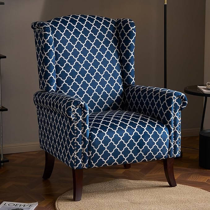 MOJAY Modern Accent Chair Comfy Wingback Armchair Blue Plaid Club Chair with Wooden Legs for Living Room Bedroom Office or Balcony