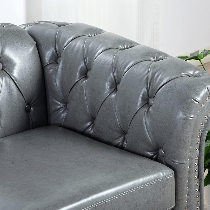 GDFStudio 85 Tufted Button Chesterfield Sofa with Deep Seat Cushions Rolled Arms &amp Gold Accent Strip 3-Seater Midcentury Modern Sofa for Living Room Classic Couch Furniture Gray + PU
