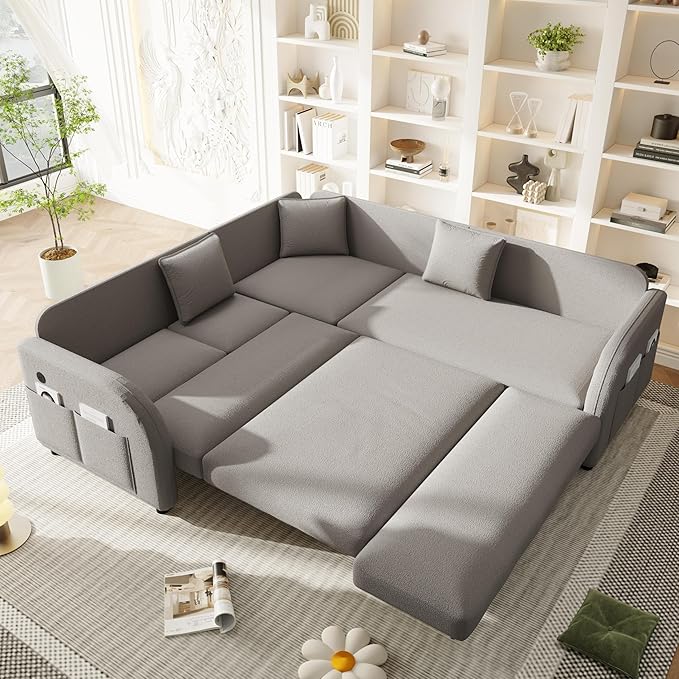 KEIKI 85 Convertible Sofa Bed with Chaise for Guest Rooms &amp Studios L-Shaped Sectional Couch with Pull Out Bed Teddy Upholstery &amp USB Charging