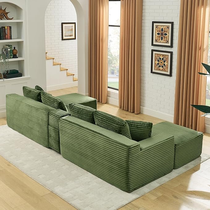 U-Shaped Cloud Sectional Couch Symmetrical Modular Compressed Boneless Sectional Sofa with Chaise Lounges and Console Plush Corduroy Boneless Corner Sofa for Living Room