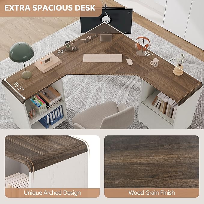 60 L Shaped Desk with File Drawer Modern Corner Computer Desk with Storage L Shape Home Office Desk Executive Desk with Power Outlets Storage Shelves File Cabinet for Working Writing White