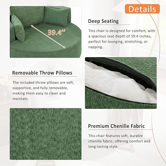 360° Swivel Chair Accent Chair with 3 Removable Pillows Modern Chenille Fabric Barrel Chair Swivel Round Sofa Chair for Living Room Bedroom Office and Hotel (Green/96)