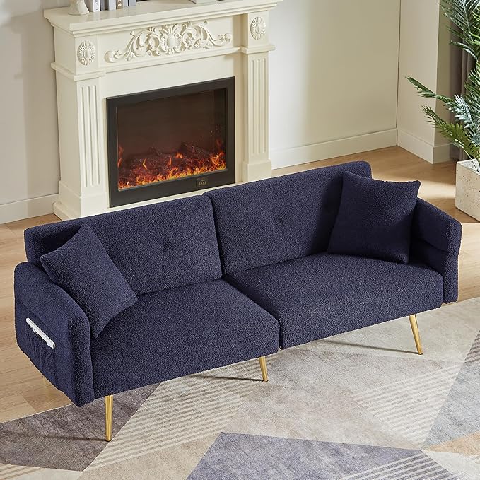 Dark Blue Futon Sofa Bed Loveseat with Adjustable Backrest and Armrests Teddy Couch with Pillows and Side Pocket for Small Spaces Living Room Apartment Or Office (Dark Blue)