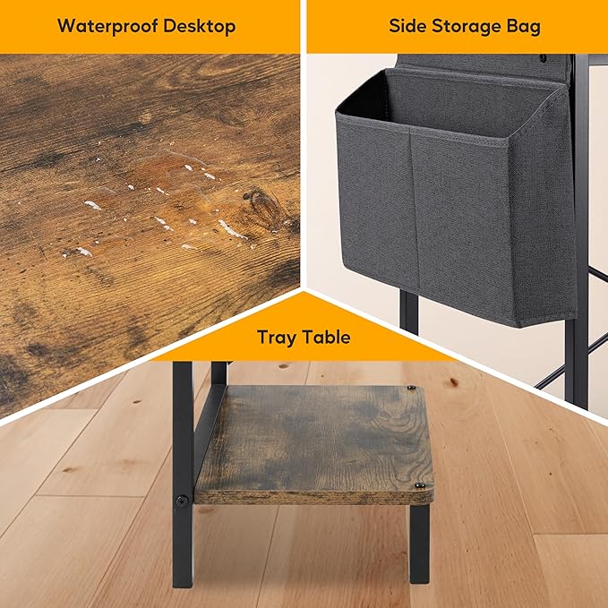 50-Inch Rustic L-Shaped Wooden Tabletop Home Office Desk with Reversible Corner and Metal Frame Including Main Stand and Side Pocket for Gaming Working and Studying