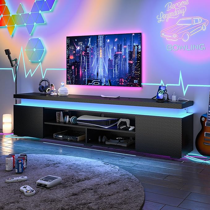 LED TV Stand for 95 Inch TV Modern TV Stand with Power Outlet TV Console Entertainment Center with Storage and LED Lights for Living Room Bedroom (83 Inch Black Carbon Fiber)