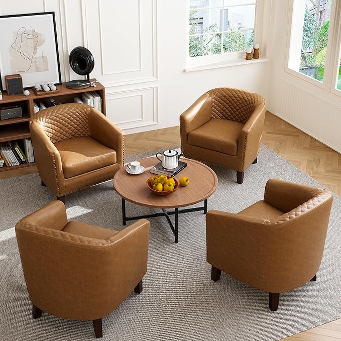Accent Barrel Chair Upholstered Faux Leather Club Chair with Nailed Trim Comfy Reading Armchair for Living Room Bedroom Reception Room Office (Coffee Set of 4)