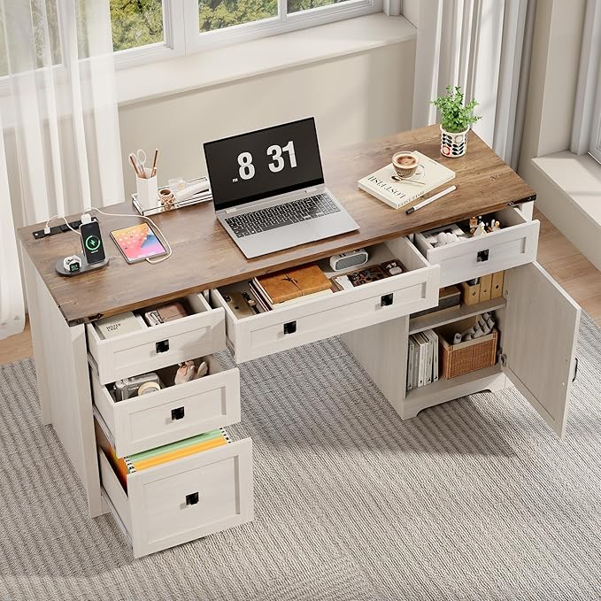 61 Farmhouse Executive Desk with Drawers Wood Home Office Desk with File Cabinet Charging Station and Storage Cabinet Computer Desk Workstation for Work and Study Antique White