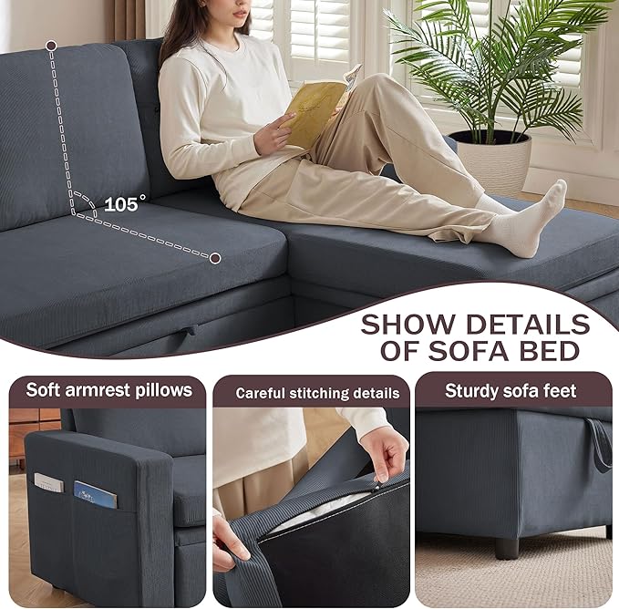 Convertible Sleeper Sofa Bed 79 Pull Out Bed L-Shape Sectional Couch with Reversible Storage Chaise Soft Cushions 3 in 1 Modern Pullout Bed for Living Room Dark Grey