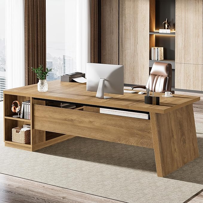 Tribesigns 78 L Shaped Desk with Drawers Large Executive Office Desk with File Cabinet and Shelves Modern Corner Computer Table Business Furniture for Home Office Brown