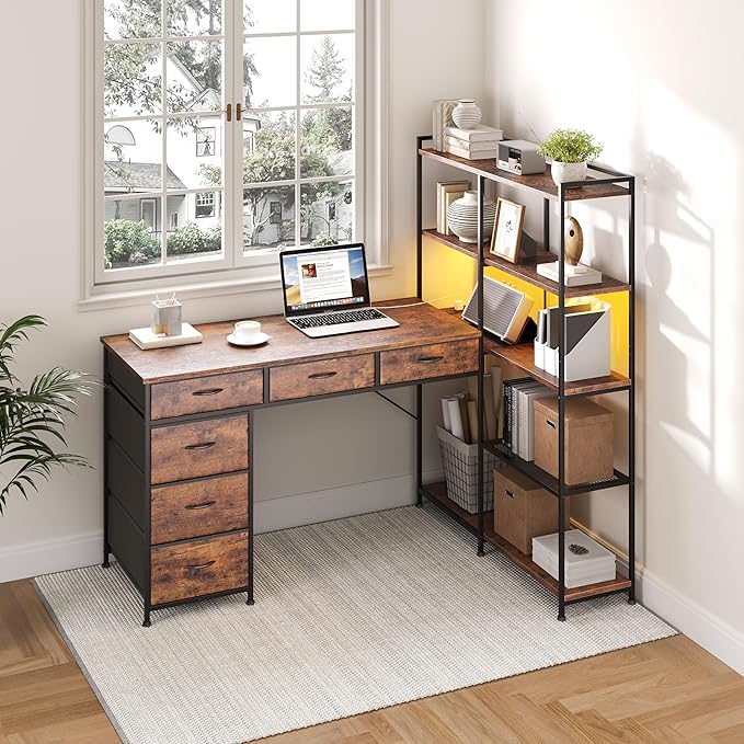 Garvee L Shaped Gaming Computer Desk with 6 Fabric Drawers Corner Gaming Desk with Open Shelves Home Office PC Table with Power Outlets &amp LED Lights 58.3 l*54.3 h Rustic Brown