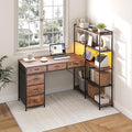 Garvee L Shaped Gaming Computer Desk with 6 Fabric Drawers Corner Gaming Desk with Open Shelves Home Office PC Table with Power Outlets &amp LED Lights 58.3 l*54.3 h Rustic Brown