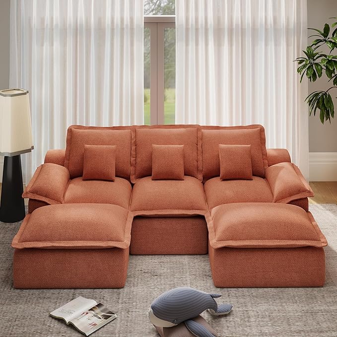Modular Sectional Sofa 107'' Boneless Couches for Living Room 5-Seat Sofa with 2 Ottomans Cloud U Shaped Couch No Assembly Required Chenille Mahogany