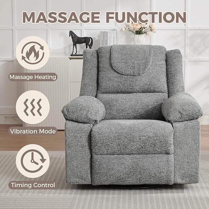 Swivel Rocker Recliner Chair for Adults with Massage and Heat Oversized Linen Fabric Glider Nursery Chair with Deep Seat High Backrest Upholstered Single Sofa for Living RoomGray