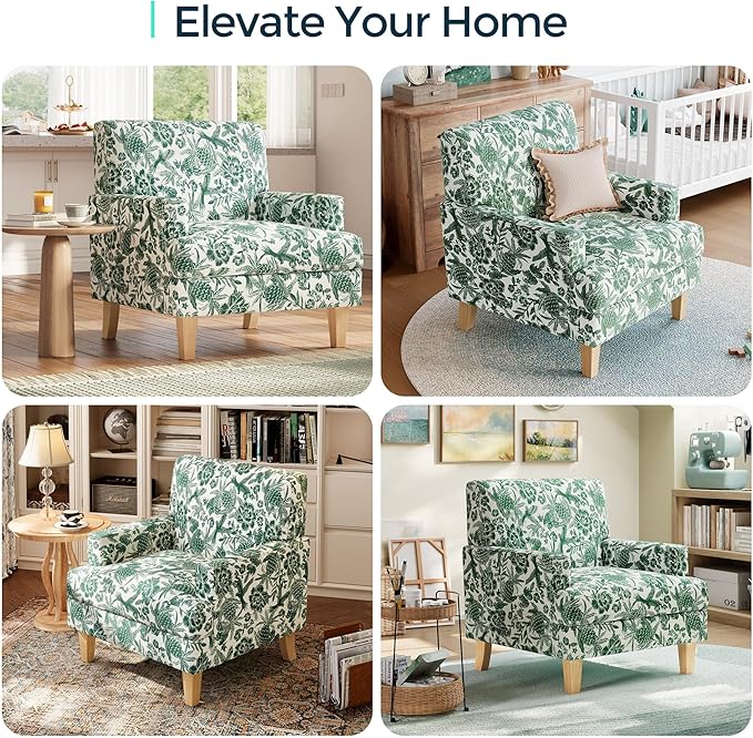 LINSY Floral Accent Chair Large Lounge Armchair with Rubberwood Legs Farmhouse Reading Chair Comfy Oversized Single Sofa Chair for Living Room Bedroom Office Study Floral Green