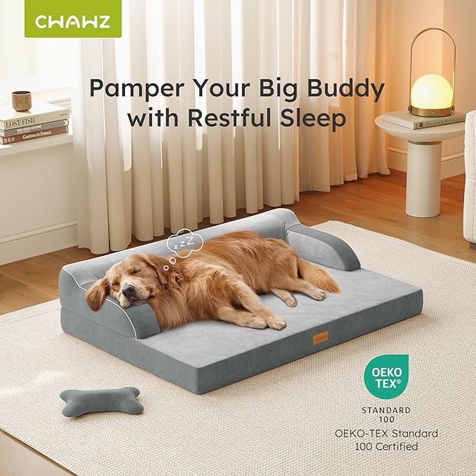 XL Orthopedic Dog Bed Extra Large Dog Bed Dual-Sided Pet Cooling Beds with Memory Foam Washable Cover Nonslip Bottom Waterproof XLarge Pet Couch Beds with Bolsters Light Grey