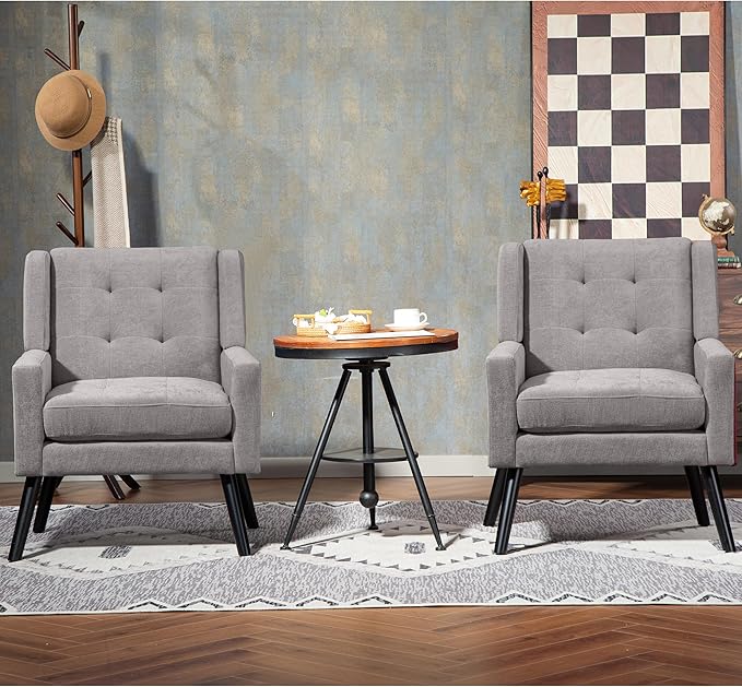 Mid-Century Modern Accent Chair Set of 2 Plush Linen Fabric with Button Tufted High Back &amp 5 Thick Cushion High Comfort Reading Chair for Living Room Bedroom Office (Light Gray)