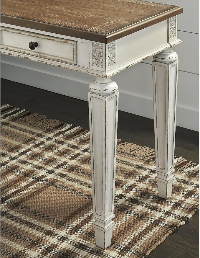 Signature Design by Ashley Realyn Cottage L-Shaped Distressed 2-Piece Home Office Desk with Power Supply and USB Ports White &amp Light Brown