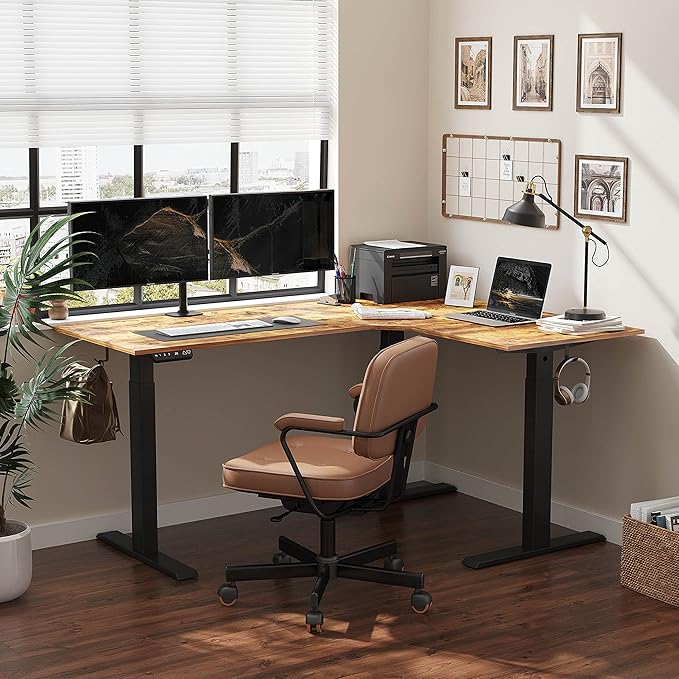 BANTI Triple Motors 63 L Shaped Standing Desk Height Adjustable Electric Stand up Corner Desk Sit Stand Home Office Desk Computer Workstation with Memory Preset Rustic Brown Top