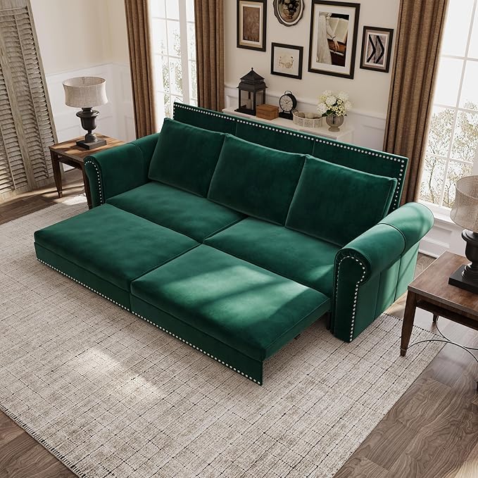 Eafurn 93.7 King Size Pull Out Sofa Bed 3-in-1 Convertible Sleeper Sofa Couch Bed with Nailhead Decor and Rolled Arms Velvet Oversized Chesterfield Loveseat Chaise Lounge