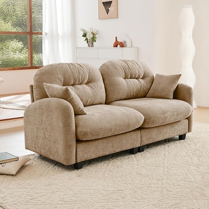 JULYFOX Button Tufted Fabric Couch 8 inch Overstuffed 24 inch Extra Deep Seat Button Tufted Back Mid Century Mordern Sectional Sofa Ottoman for Small Spaces (Camel)