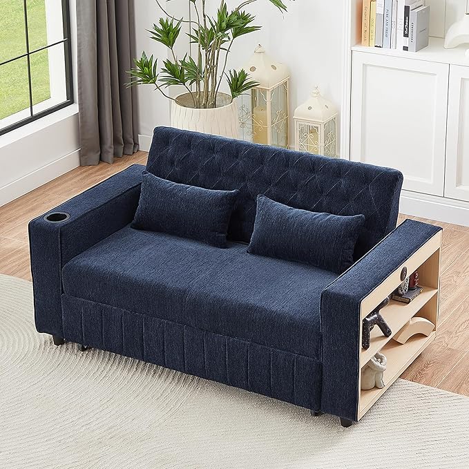 61.4 Pull-Out Sofa Bed Convertible Sleeper Sofa Bed with Adjustable Backrest Cup Holders Storage Rack Handy Side Pockets Two Lumbar Pillows Modern Loveseat Sofa for Living Room