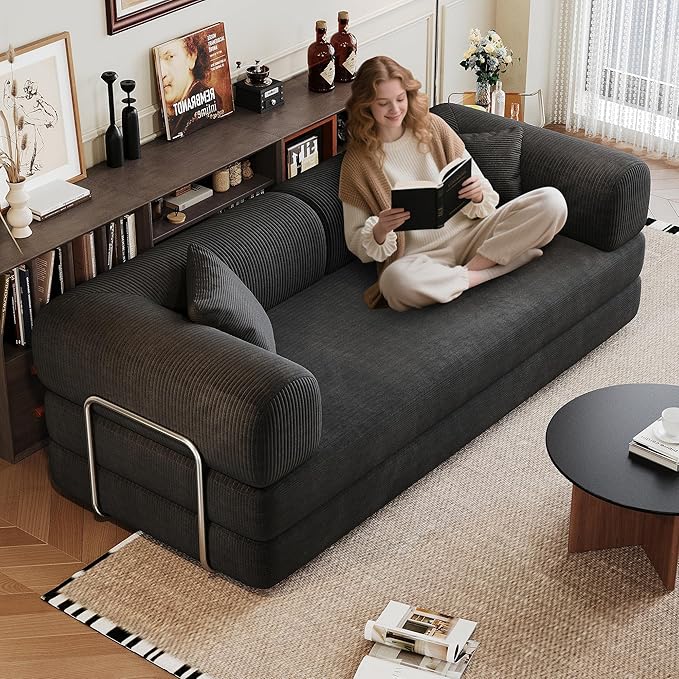 Convertible Sleeper Sofa Bed with Cylindrical Pillow 79 Inch Oversized Corduroy Upholstered Boneless CouchLove Seat Floor Sofas Living RoomSmall Space ApartmentOffice (Black)