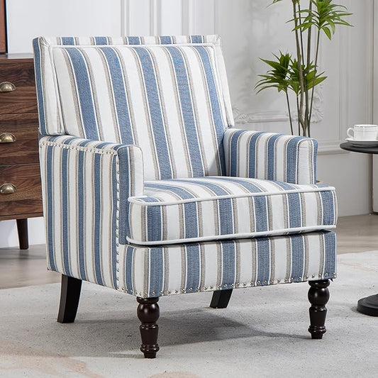 Yogald Vintage Striped Accent Armchair Set of 2 Comfy Upholstered Reading Chair with Nail-Head Trim Farmhouse Sofa Chair Coastal Single Corner Chair for Living Room Guest Room (Blue White Linen)