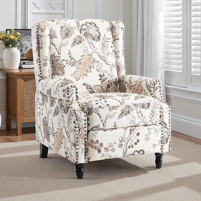 Wingback Recliner Chair Floral Fabric Pushback Recliner Chair Upholstered Armchair Push Back Recliner Rivet Trim Single Sofa Accent Chair with Wood Legs for Living Room Plants Beige
