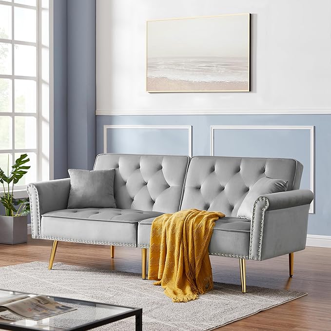 69.6 Velvet Tufted Sofa Couch Copper Nail Decoration Accent Sofa with Metal Legs 2 Pillows &amp Nailhead Trim Convertible Futon Couch Sleeper Sofa Loveseat Futon Sofa Bed for Living Room