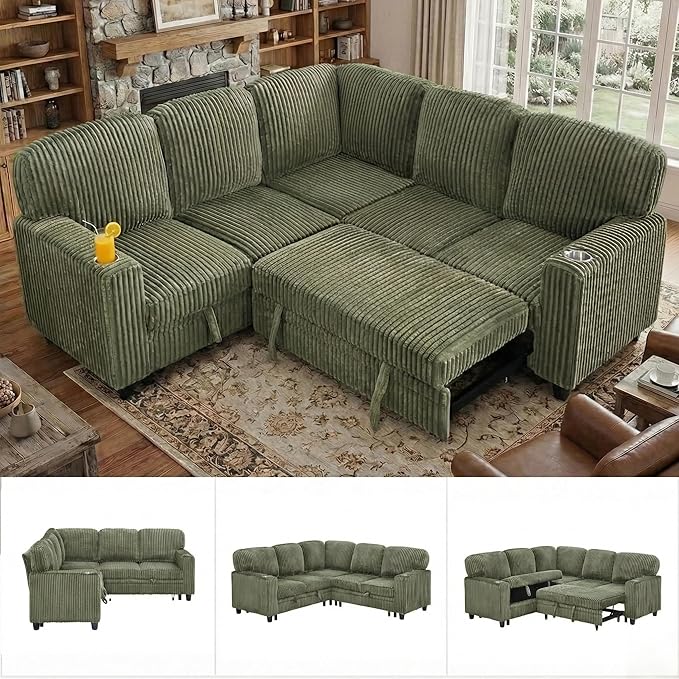 81 Modular Sectional Sofa L Shaped 5-Seater Sleeper Sofa with Pull Out Bed Hidden Storage Cup Holders &amp USB Charging Ports Sectional Couches for Living Room Corduroy Green