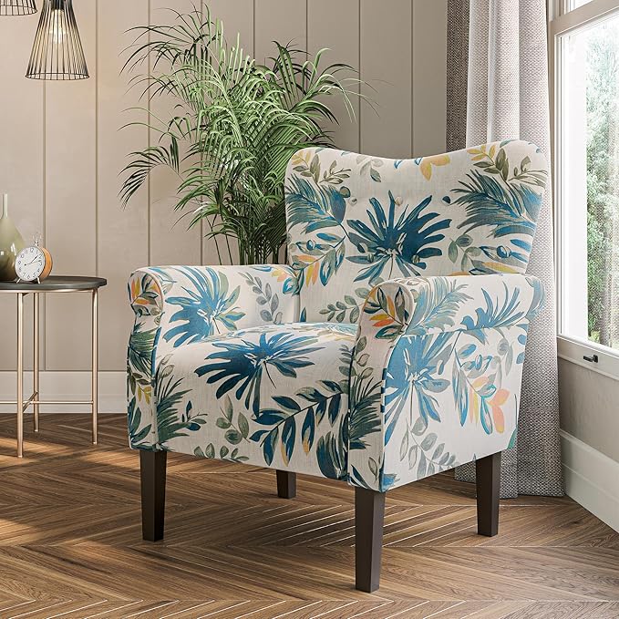 BELLEZE Modern Accent Chair High Back Armchair Upholstered Wingback Side Chair Padded Single Sofa with Wooden Legs for Living Room Bedroom - Green Blue Floral