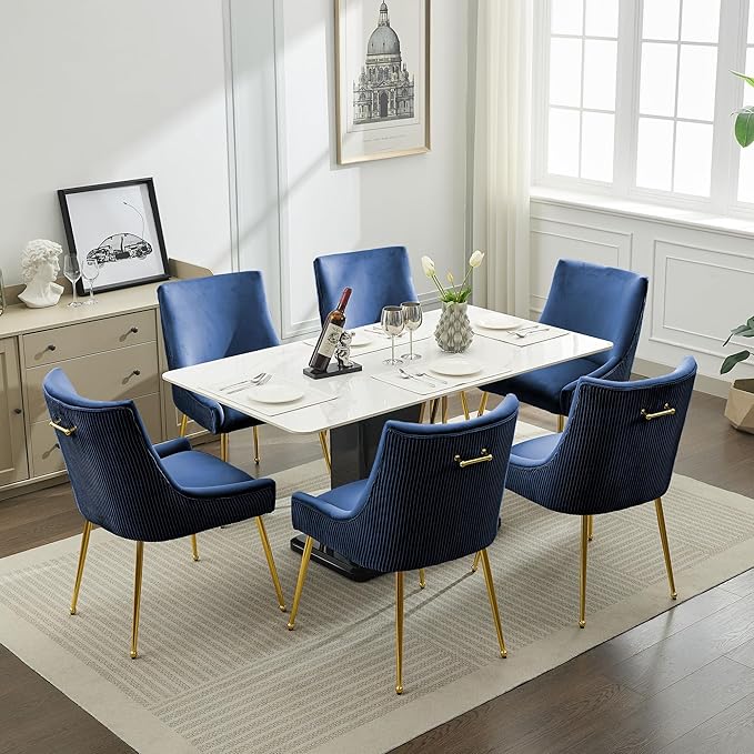 Velvet Dining Chairs Set of 4 Gold LegsUpholstered Velvet Accent Chairs Pleated Back Design &amp Gold Pull Handle Mid Century Modern Chairs for Dining/Kitchen/Living RoomBlue