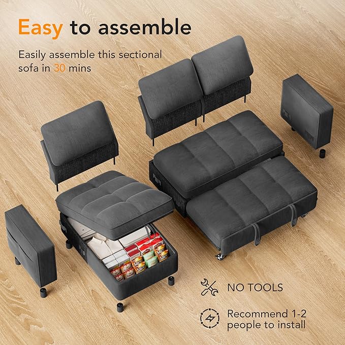 Sunny Heart Sleeper Sofa Bed 81 L Shaped Couch Sleeper Sofa Pull Out Couch Bed with Reclining Backrest | Reversible Storage Chaise | USB Port | Side Pocket | Tool-Free Assembly | Chenille Dark Grey