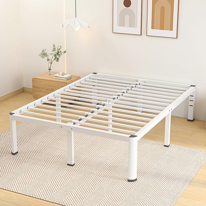 18 Inch King Size Metal Bed Frame with Round Corners Storage Space Under High Bed Frame-Heavy Duty Steel Slats Support Noise Free - Easy Assembly - No Box Spring NeededWhite