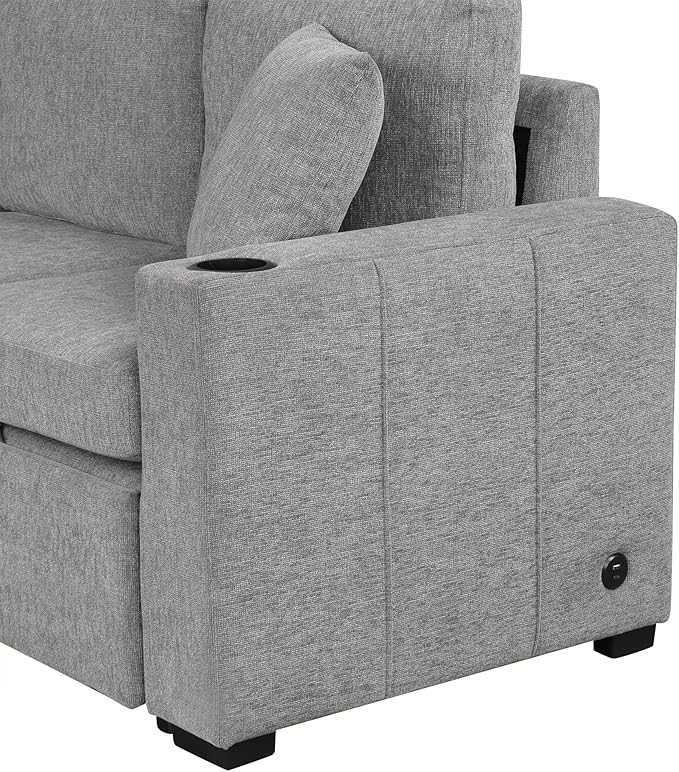 Convertible Pull-Out Sofa Bed 60.6 Modern Loveseat Sofa with Dual Cup Holders Removable Throw Pillows Chenille Fabric 2-Seater Sofa Chair for Living Room (Gray044)