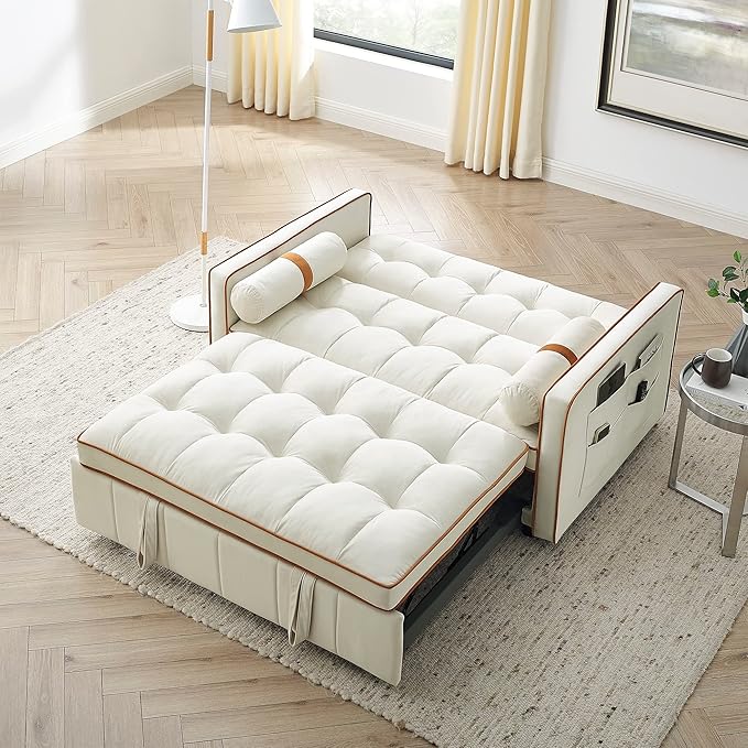 55.5 Pull Out Sleep Sofa Bed with Adjsutable Backrest Convertible Velvet Sofa Couch with Side Pockets and Lumbar Pillows 2 Seater Loveseats for Apartment Office Living Room (Beige-Side Pockets 05)