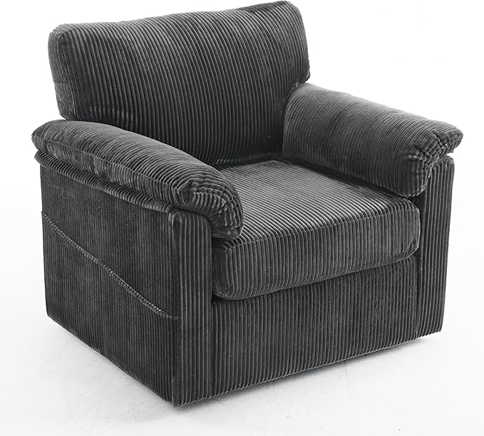 KEIKI 33 Oversized Swivel Corduroy Lounge Chair – Plush Cushioned Armchair with 360° Rotation for Living Room Bedroom Office – Comfortable Single Sofa Chair for Small Spaces Grey
