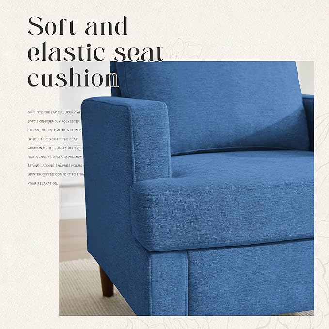 Mid-Century Accent ChairModern Linen Fabric Armchair for Living RoomComfy Upholstered Reading Accent Chairs for BedroomSingle Sofa Chair with Wood Legs (Blue 2 Pack)