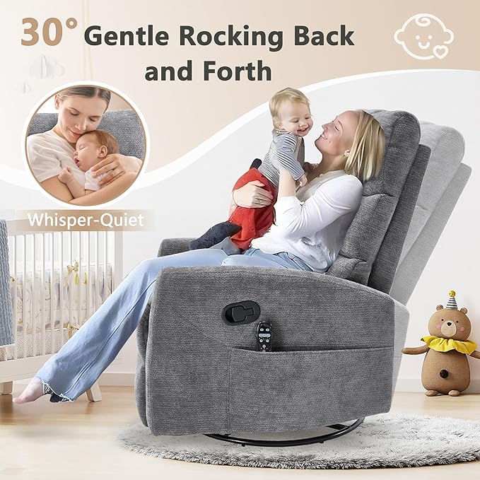 cinkehome Small Swivel Rocker Recliner Chair with Heated Massage Upholstered Nursery Glider Recliner Chair High Back Side Pocket (Grey Chenille Fabric)