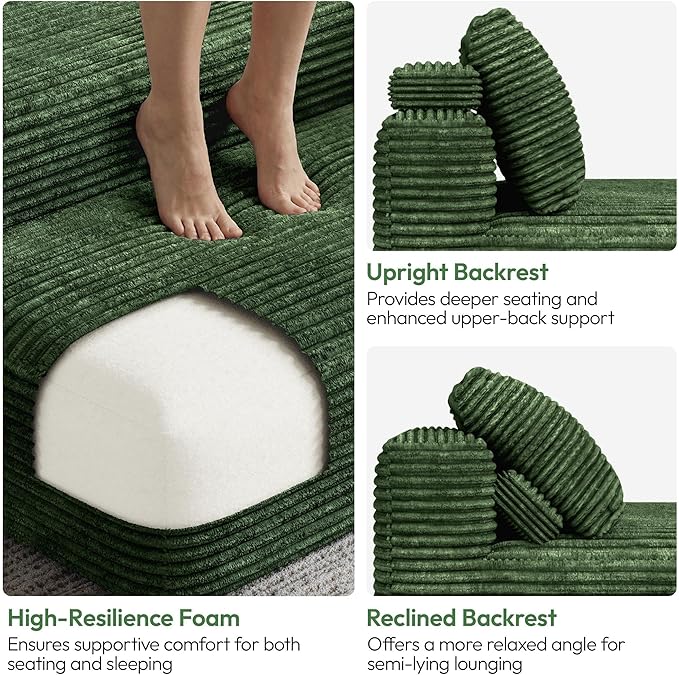 Yaheetech 110 Modular Sectional Sofa Corduroy Boneless Couch with Chaise L-Shape Cloud Couch with Detachable Pillows No Assembly Sofa for Living Room Green