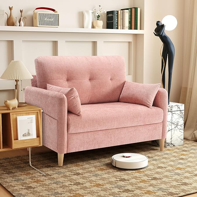 47 Small Sofa Couch for Bedroom Soft Chenille loveseat Mini Couch with Throw Pillow and Removable Cushion Cover for Small Spaces Living Room Apartment Dorm Office(Pink)