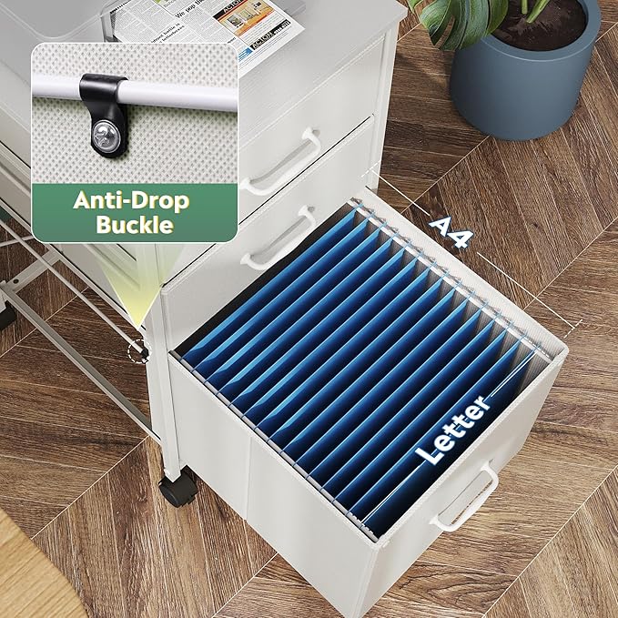 DEVAISE Mobile File Cabinet Rolling Printer Stand with 3 Drawers Fabric Vertical Filing Cabinet fits A4 or Letter Size for Home Office White